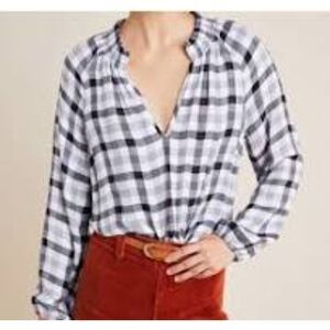 Cloth & Stone Anthropologie Long Sleeve Sara Plaid V Neck Top Black & White Sm